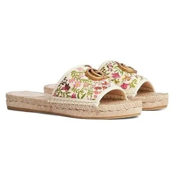 GUCCI 2019 Pilar Double G Floral Espadrille Canvas Slide Sandals 41 10C Wide - Picture 4 of 16